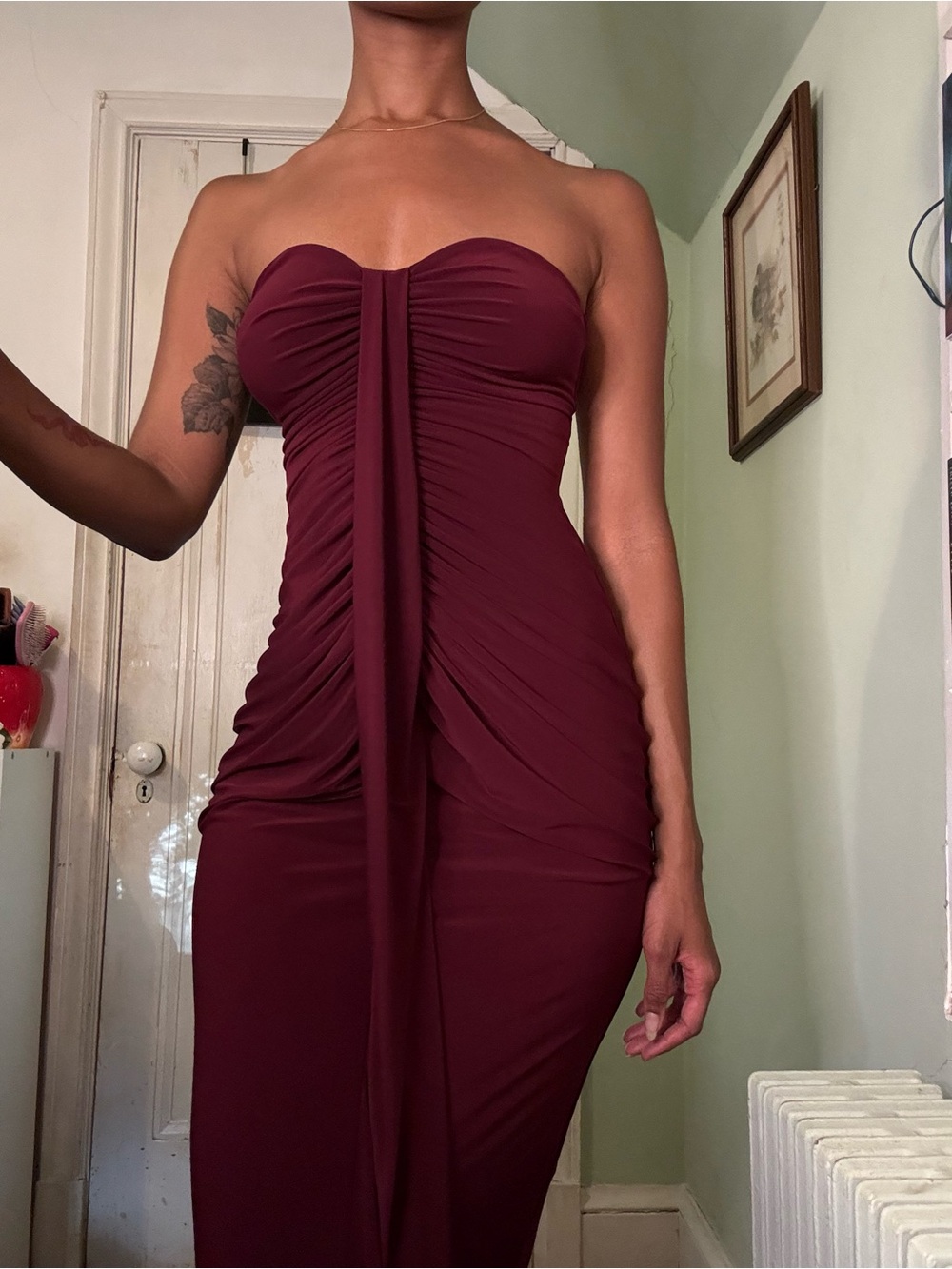 Club L London Strapless Ruched Dress in Burgundy